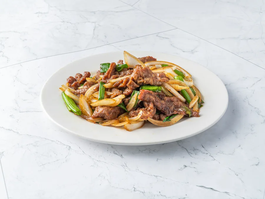 Mongolian beef with sliced onions and green onions