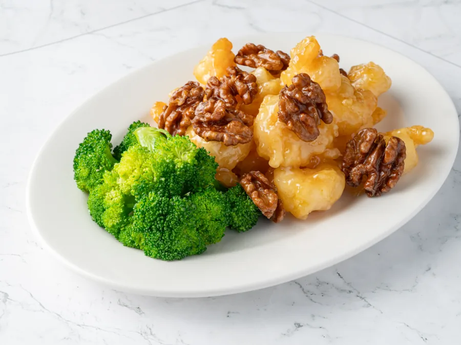 Honey walnut shrimp with candied walnuts and steamed broccoli