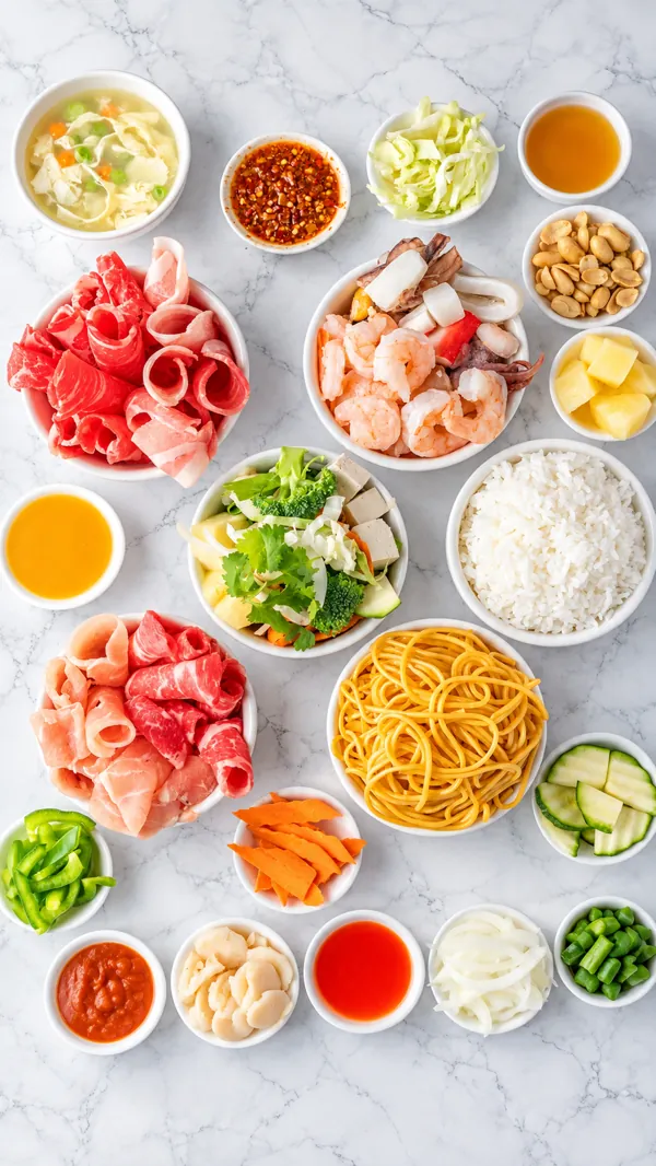 Overhead spread of Mongolian BBQ bar ingredients: sliced meats, shrimp, tofu, rice, noodles, vegetables and sauces