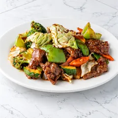 Beef with mixed vegetables: broccoli, cabbage, zucchini, snow peas, carrot and bell pepper