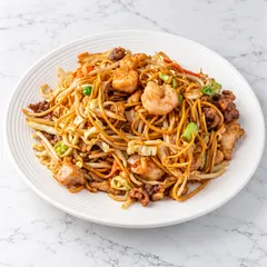 House special chow mein: egg noodles with shrimp, beef, chicken and cabbage