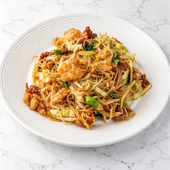 House special mei fun: thin rice noodles with shrimp, beef, chicken and cabbage