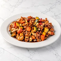 Kung pao chicken with peanuts, zucchini, carrot and dried chili