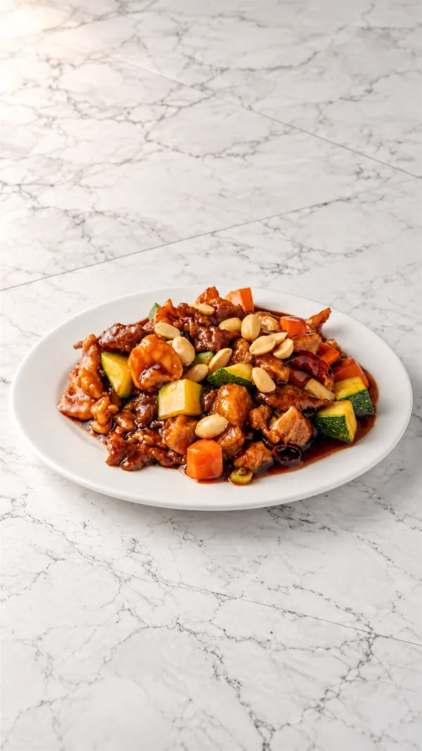 Kung Pao combination with shrimp, beef, chicken, peanuts, zucchini and carrot