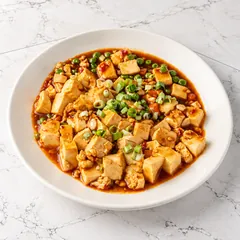 Mapo tofu in red Sichuan sauce with green onion