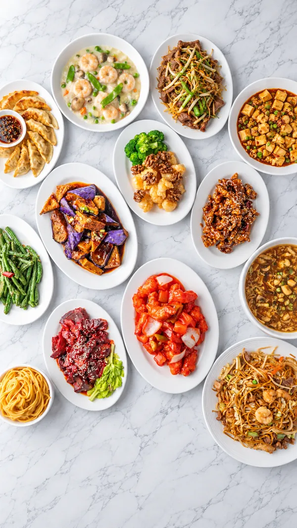Overhead spread of finished dishes